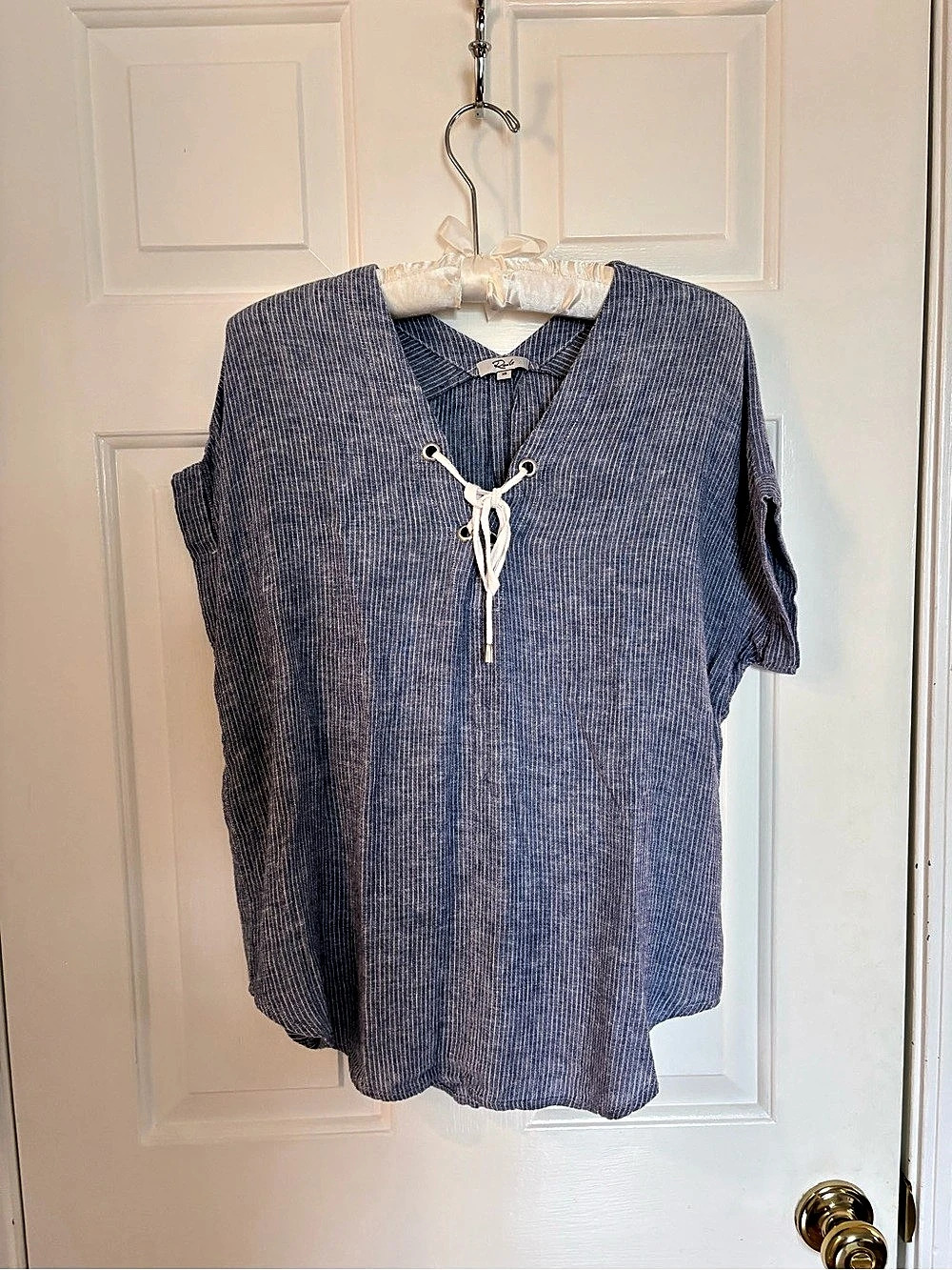 Rails Brielle Striped Linen Blend Lace-Up Blouse Blue & White - XS
